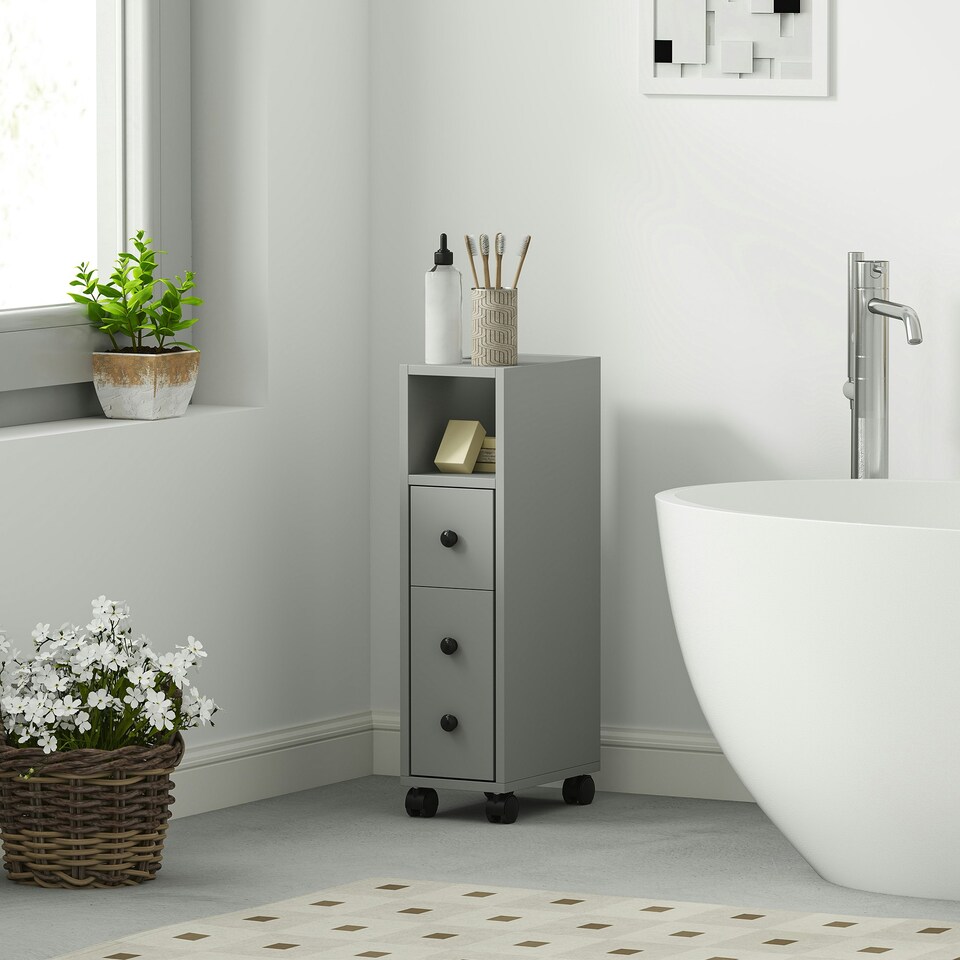 image 1 of kleankin Slim Bathroom Storage with 2 Drawers, 2 Open and Wheels, Grey | Grey | Black handles | Slimline