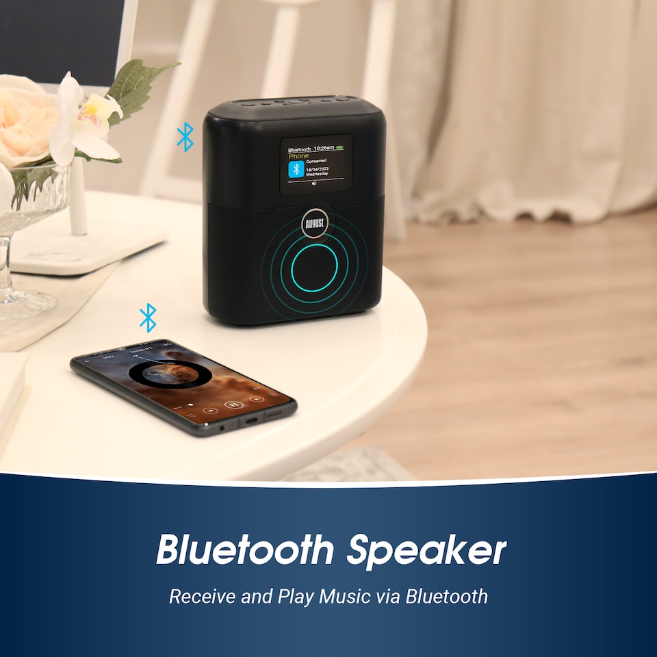image 1 of Rechargeable Bluetooth Speaker with DAB/DAB+/FM Radio, Dual Alarm Clock, Colour LCD Screen for Bedside, Kitchen, Office, or Outdoors– August MB330B