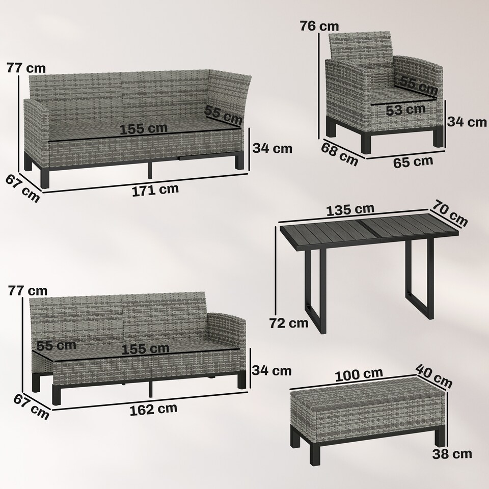 image 1 of Outsunny Rattan Garden Furniture Sofa Set, Outdoor Dining Set for 9, Grey | Grey | Dark Grey | 171 x 67 x 77 cm