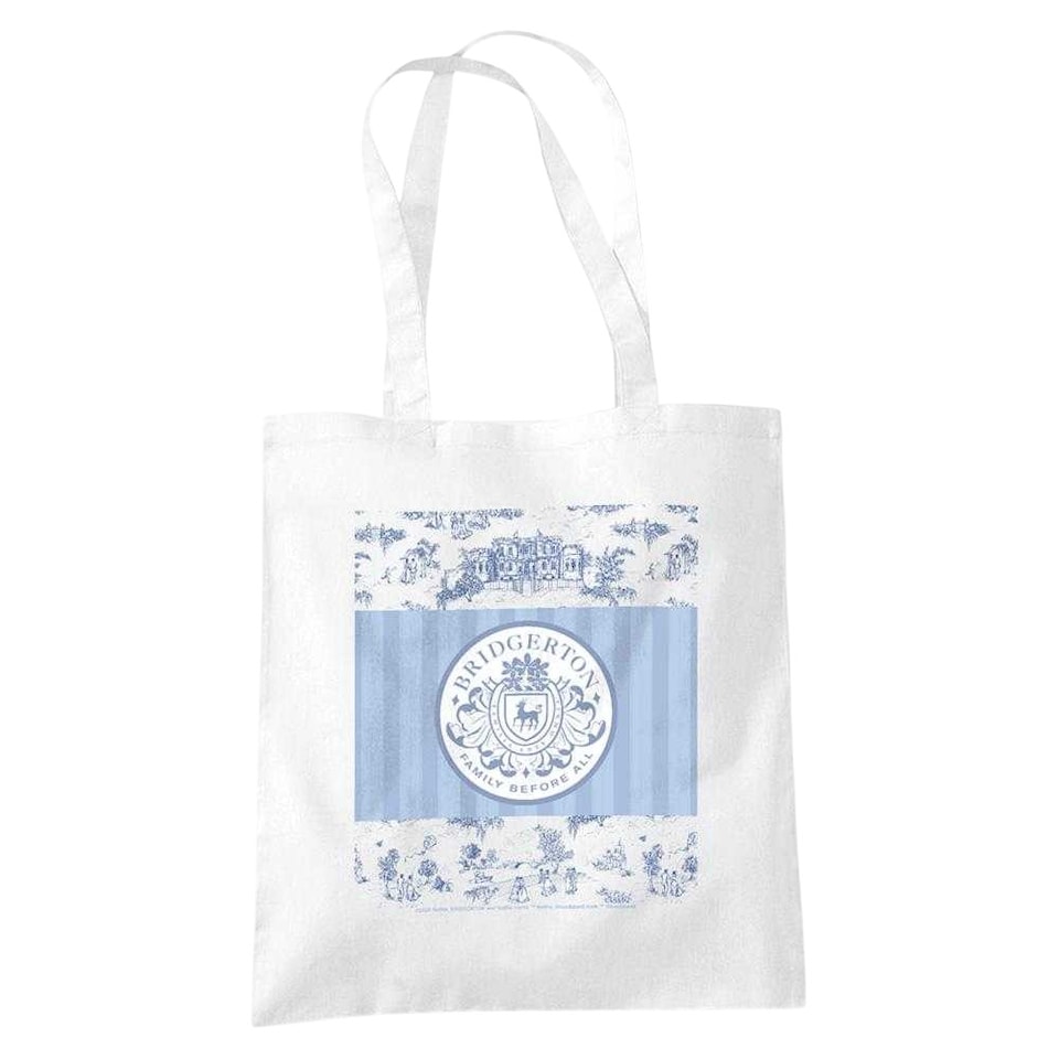 image 1 of Bridgerton Around The Ton Toile Tote Bag | White | White | 1