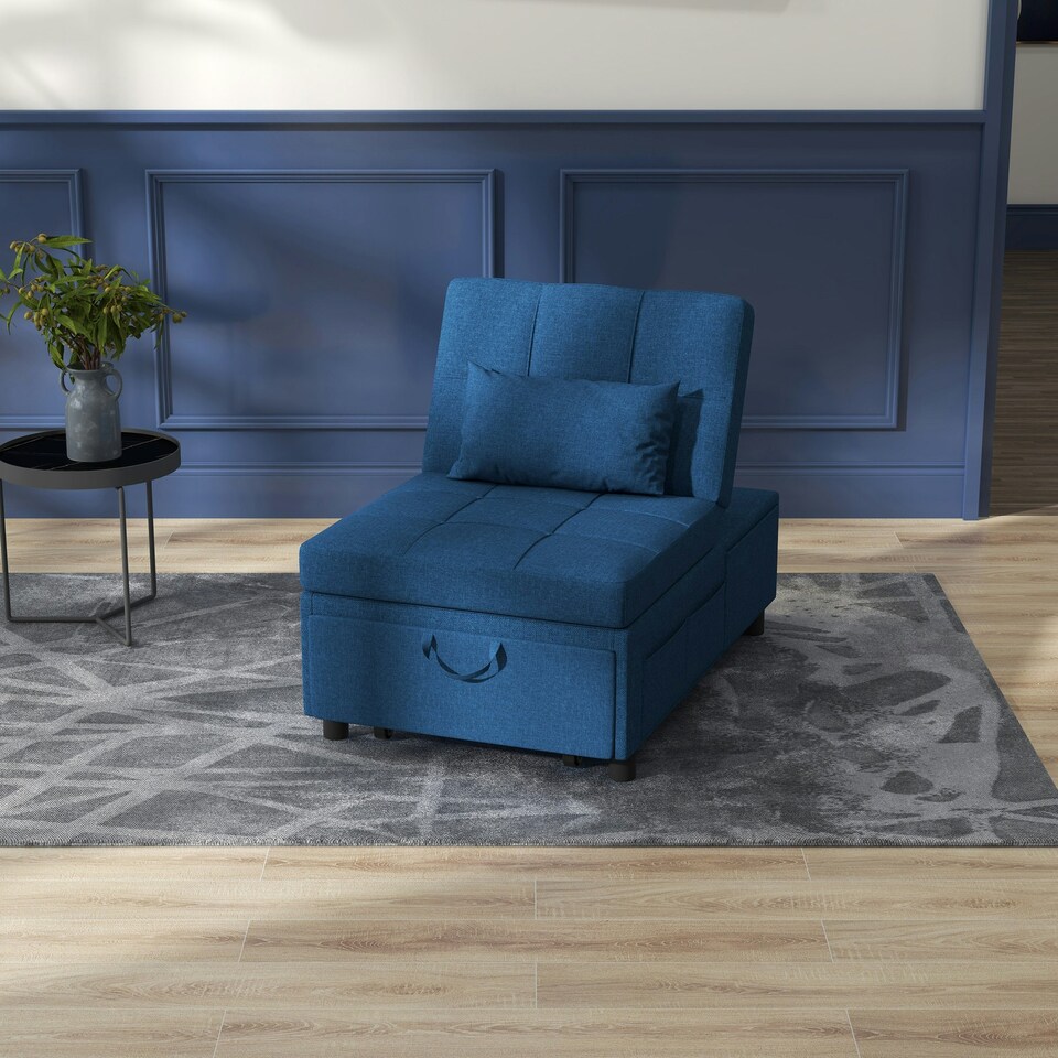 image 1 of HOMCOM Folding Sofa Bed Adjustable Single Sleeper w/ Pillow Side Pocket, Blue