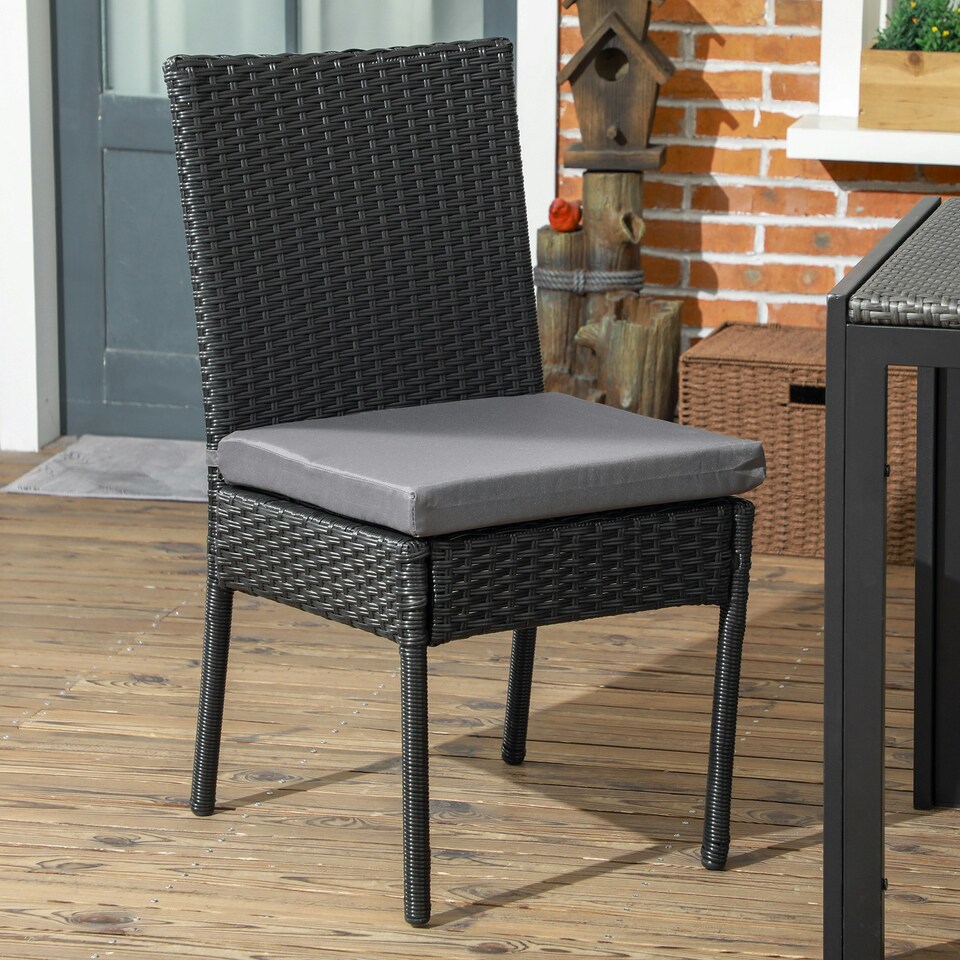 image 1 of Outsunny 2 PCs Rattan Garden Chairs with Cushion, Wicker Dining Chairs, Black