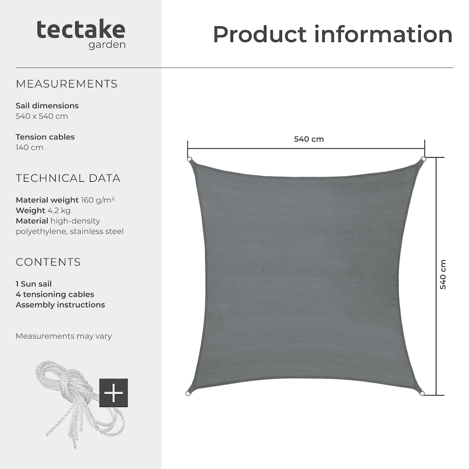image 1 of Shade Sail - rectangular with UV protection 50, water-repellent, grey | Grey | grey | 5.4 x 5.4 m | 1