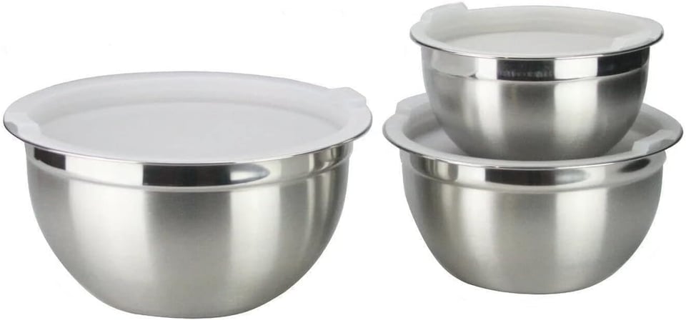 image 1 of Mixing Bowl Set of 3, Stainless Steel Nesting Bowls Air Tight White lids (14,16 & 18 cm Diameter)