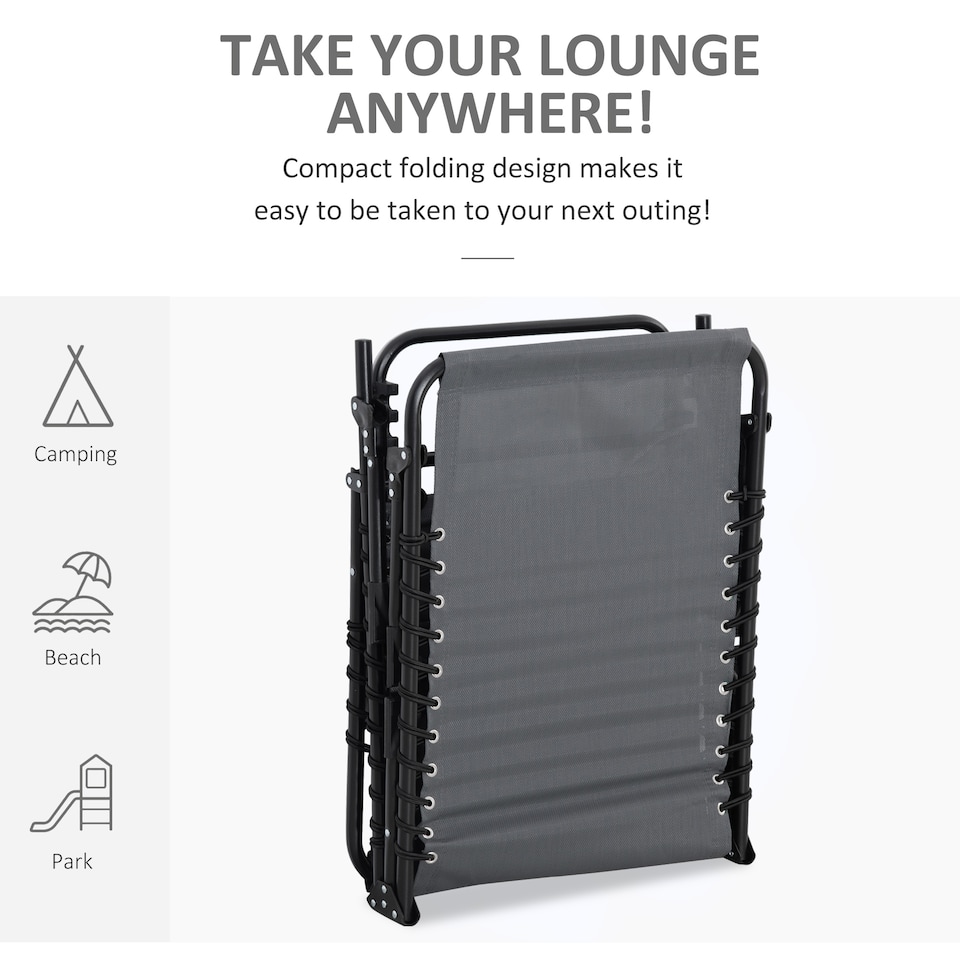 image 1 of Outsunny Portable Sun Lounger, Folding Camping Bed Cot, Reclining Lounge Chair 5-position Adjustable Backrest with Side Pocket, Pillow for Patio Garden Beach Pool | Grey