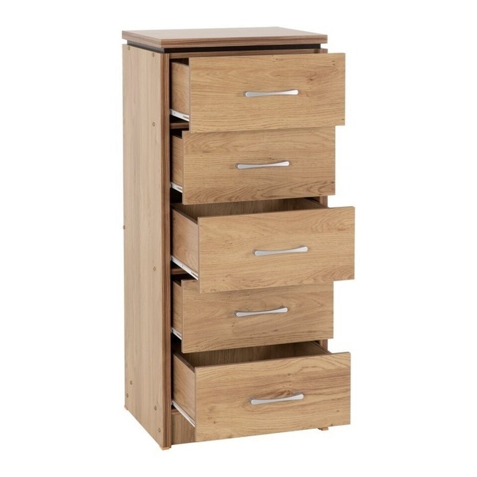 image 1 of Charles 5 Drawer Narrow Chest - L40 x W50 x H116.5 cm - Oak Effect Veneer with Walnut Trim