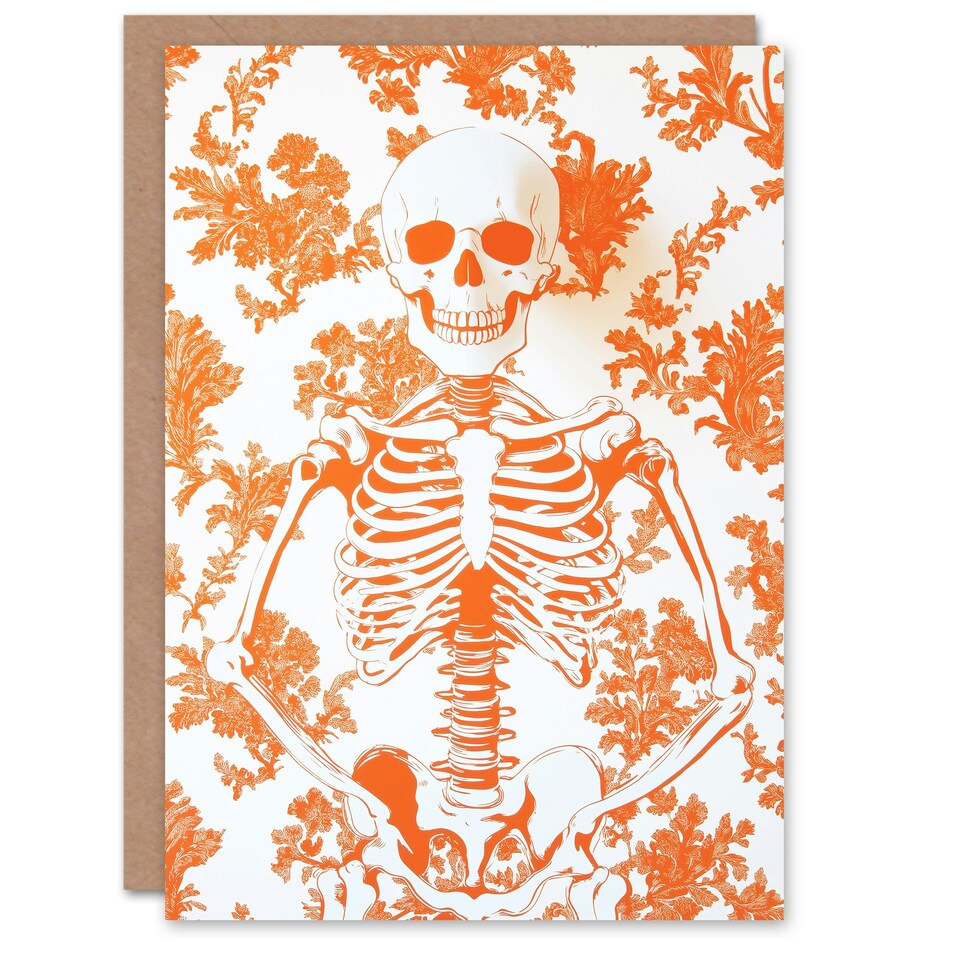 image 1 of Stylish Scary Skeleton Orange Fun Trick or Treat Scary Halloween Card