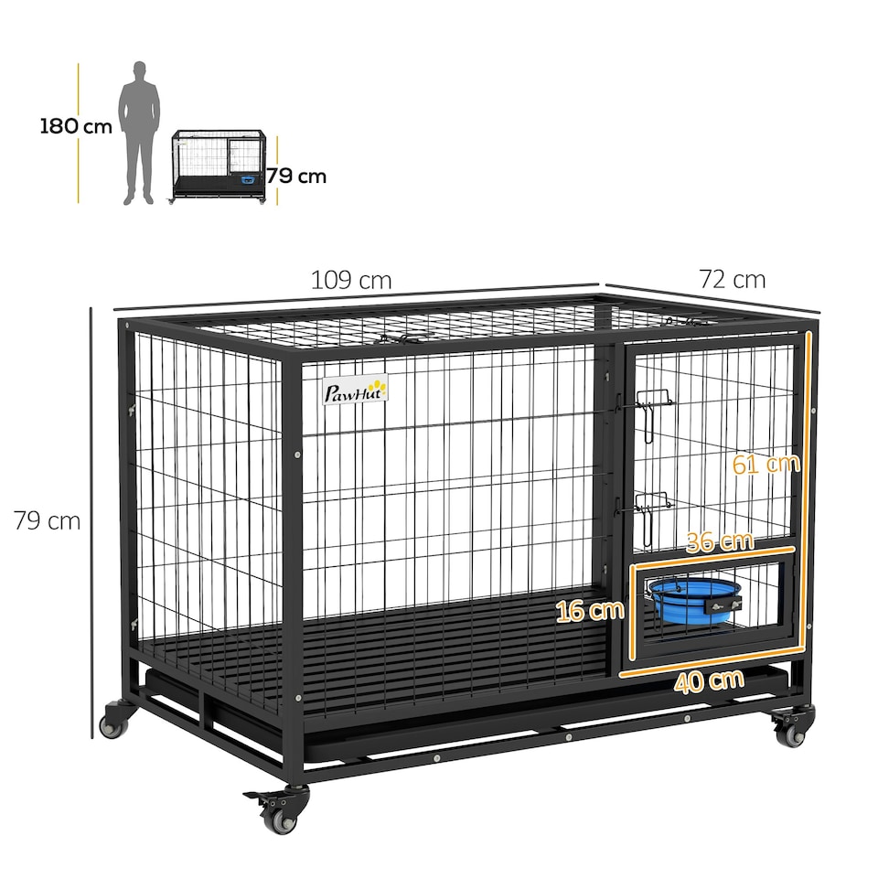 image 1 of PawHut 43" Heavy Duty Dog Crate on Wheels w/ Bowl Holder, Removable Tray
