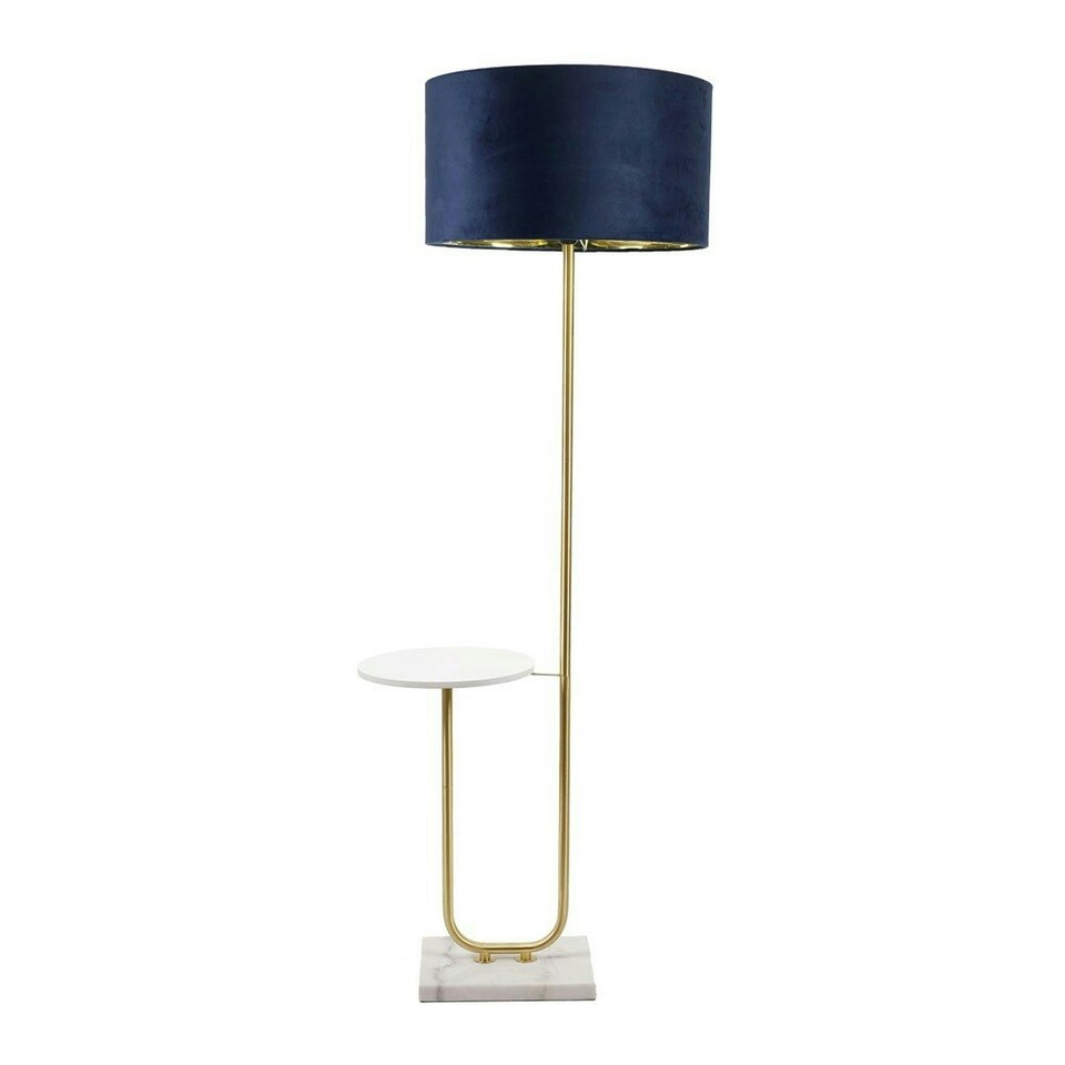 image 1 of ValueLights Tavel Gold Floor Lamp with Table and Navy Blue Velvet with Gold Inner Lamp Shade and LED Bulb