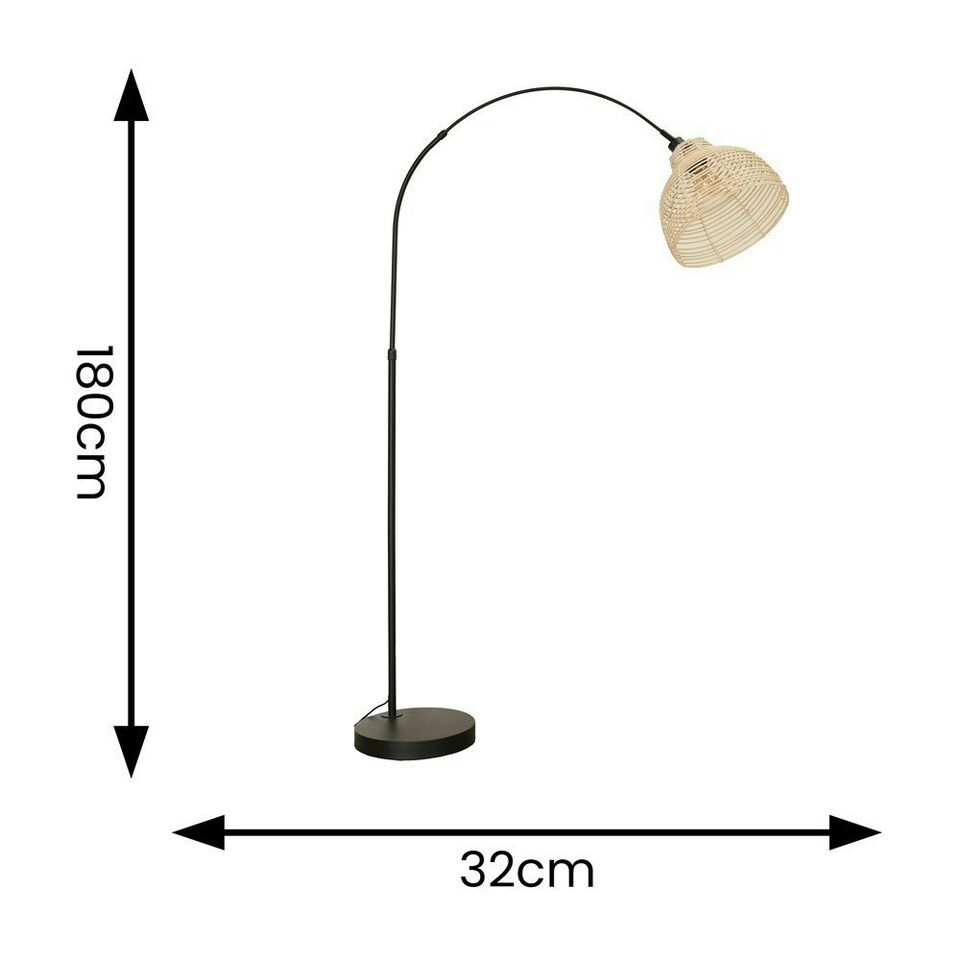 image 1 of ValueLights Louis Black Arched Curved Floor Lamp with Cream Woven Basket Lamp Shade