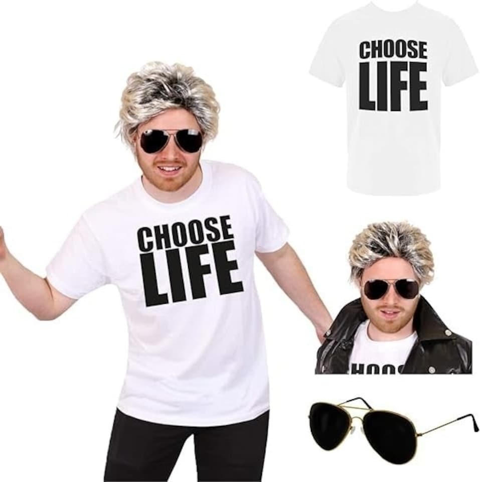 image 1 of “CHOOSE LIFE” T-Shirt Costume Set – Unisex Adult  –  George Michael Style Fancy dress costume | White | S