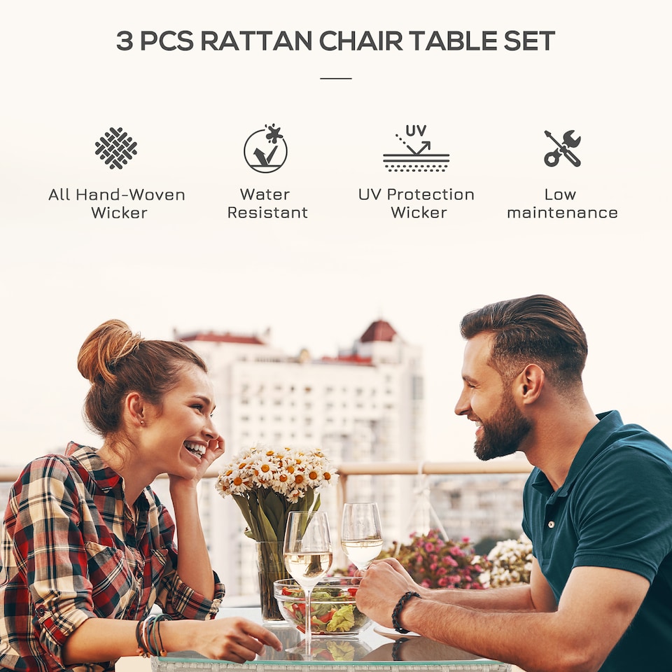 image 1 of Outsunny 3 Pieces Rattan Bistro Set, Wicker Garden Furniture Set with 2 Tier Coffee Table and Chairs, Washable Cushions, for Outdoor Patio Balcony, Grey