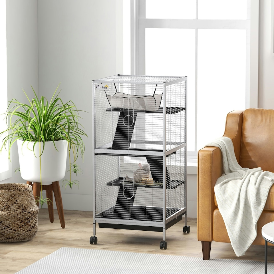 image 1 of PawHut Rolling Small Animal Cage for Chinchillas Ferrets Kittens W/ Ramp Grey