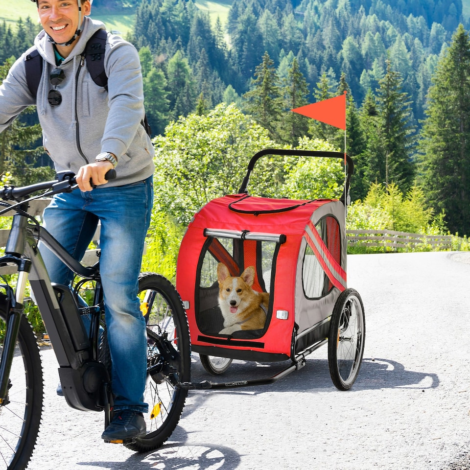 image 1 of PawHut 2-In-1 Dog Bike Trailer Stroller w/ Universal Wheel Reflector Flag Red