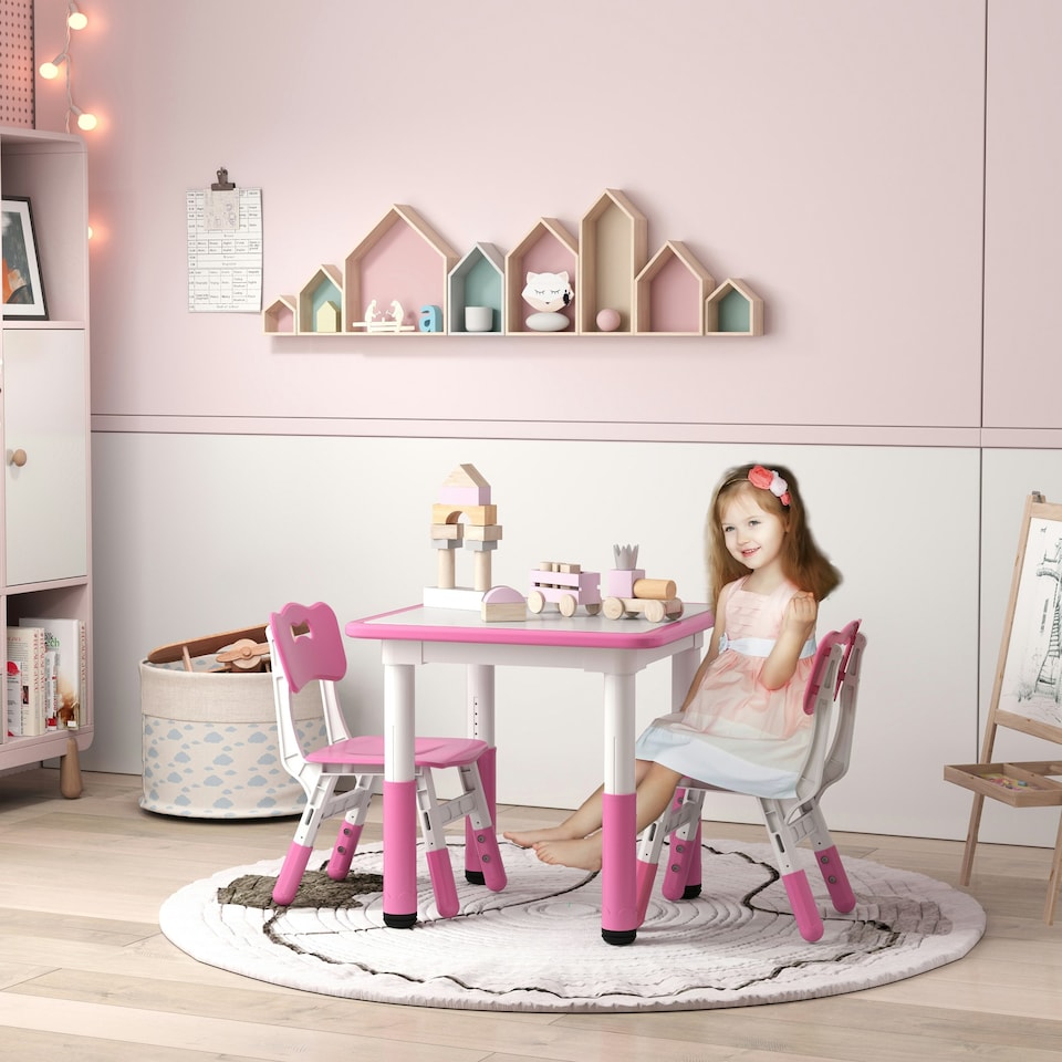 image 1 of AIYAPLAY 3 Pcs Height Adjustable Kids Table and Chair Set for Playroom Pink