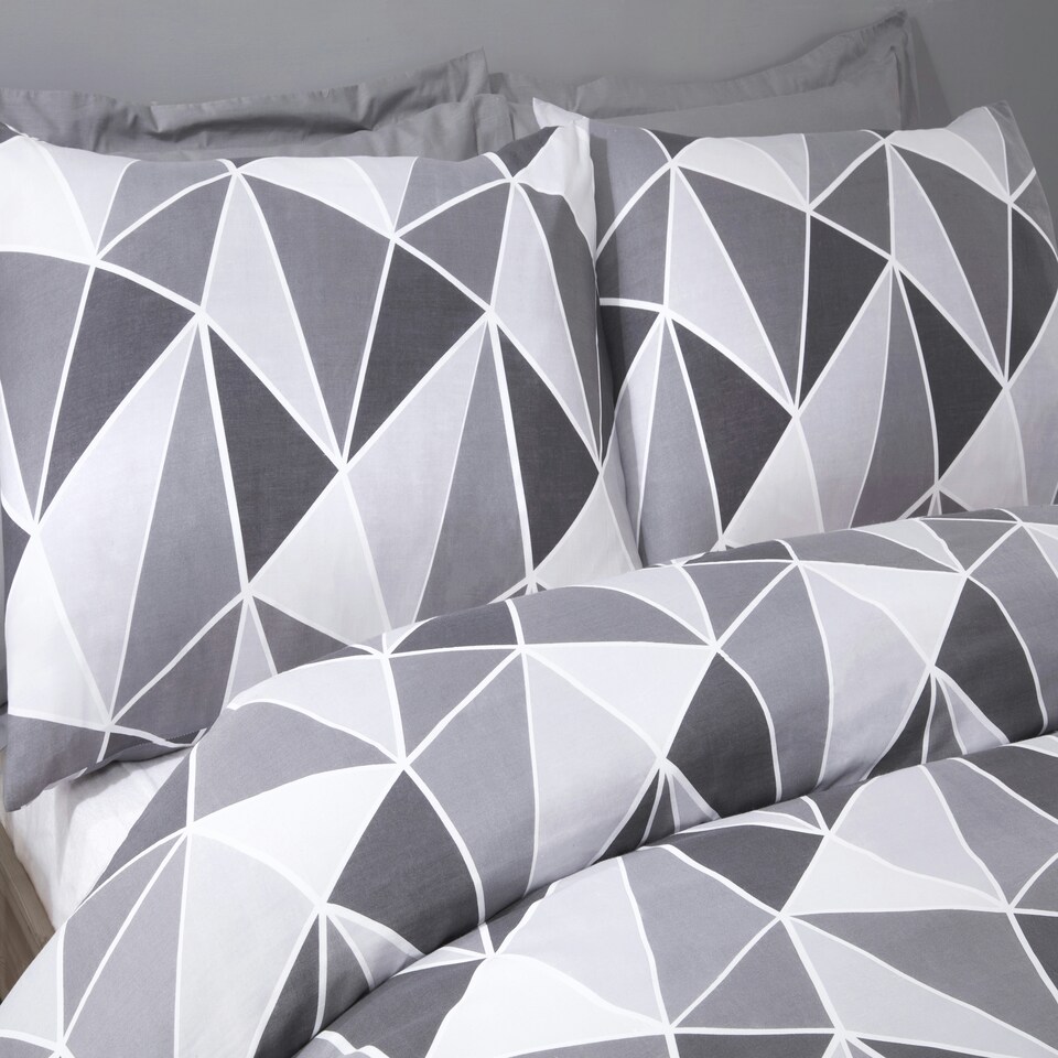 image 1 of Leo Geometric Polycotton Reversible Duvet Cover Set with Pillowcase Grey | King