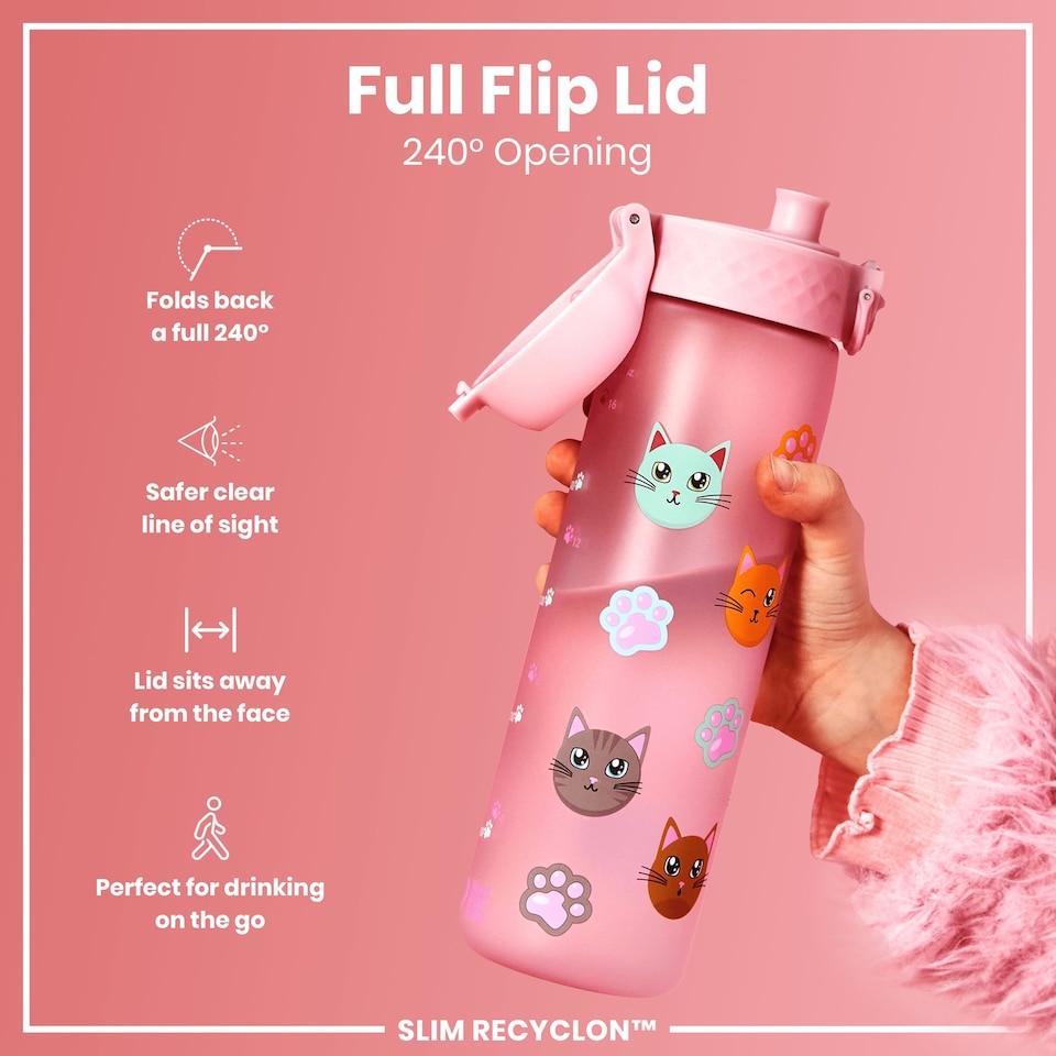 image 1 of Leak Proof Slim Water Bottle, BPA Free, 500ml (18oz) | Pink | Cats | One Size