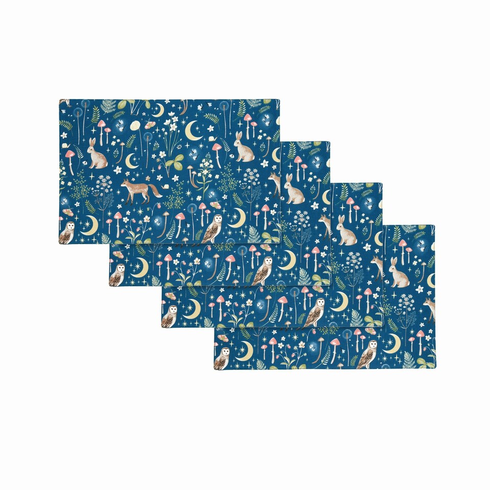 image 1 of Catherine Lansfield Enchanted Twilight Animals Cotton Dining Placemat 4 Pack Navy Blue Blue | Navy Blue