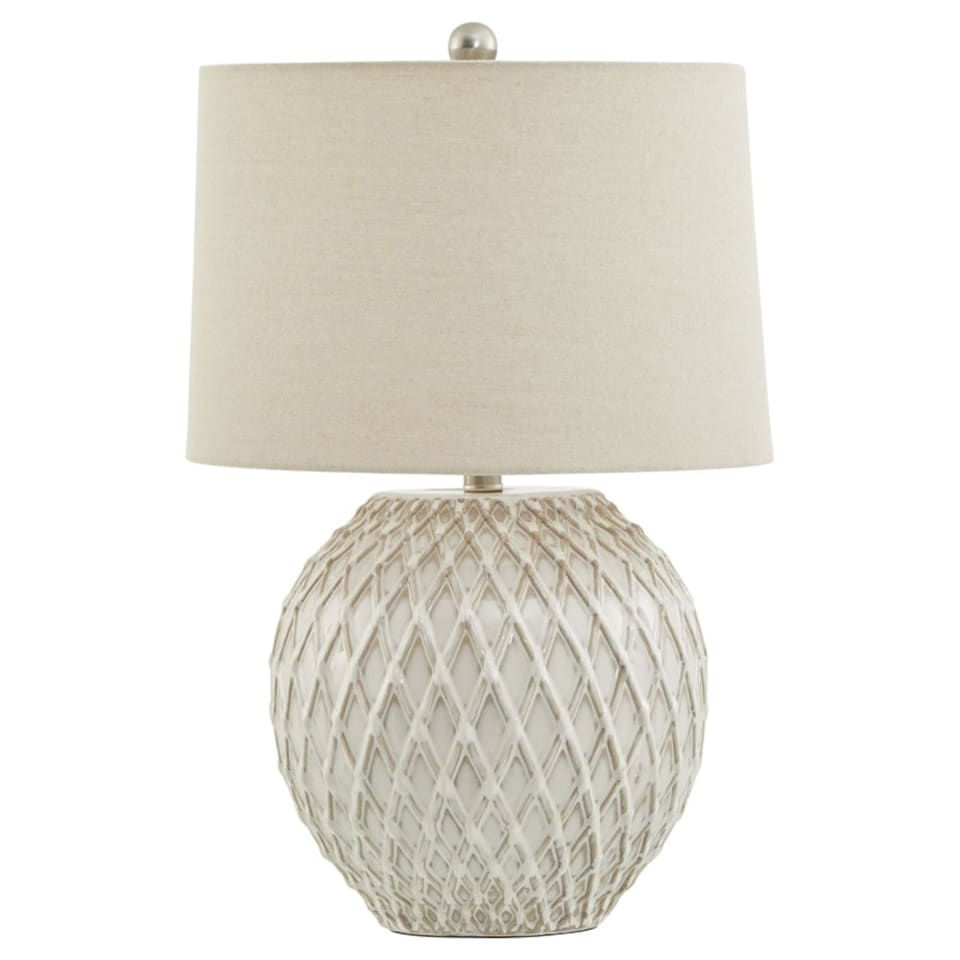 image 1 of Lattice Table Lamp with Linen Shade - Ceramic - L38 x W38 x H58 cm - Neutral Cream Cream