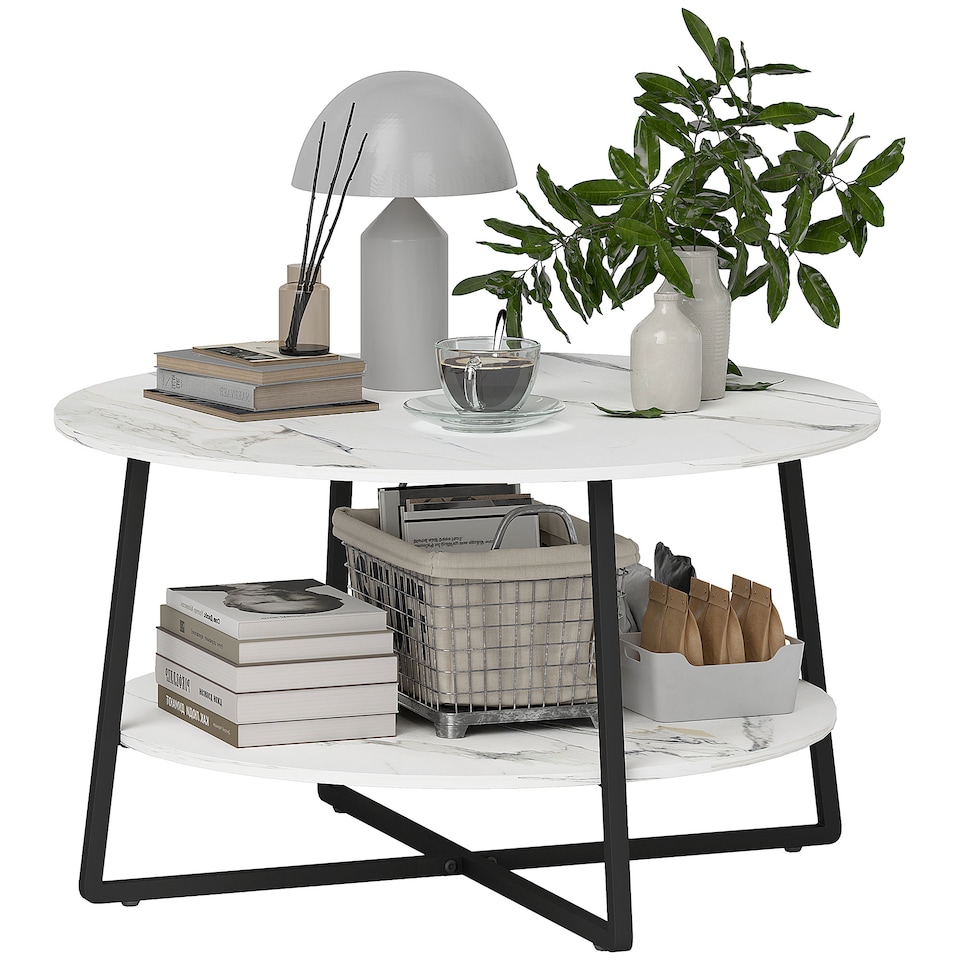 image 1 of HOMCOM 2-Tier Round Coffee Table with Storage Shelf, Living Room Table with Marble Effect Top and Steel Frame, White