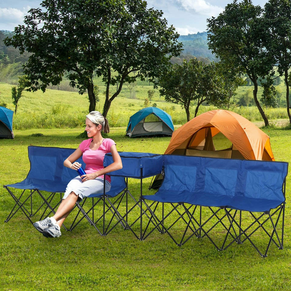 image 1 of Outsunny 6 Seat Camping Bench Folding Portable Outdoor with Cooler Bag Blue