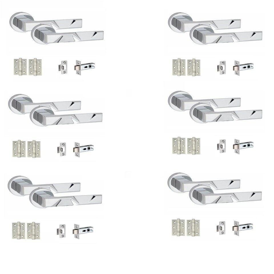 image 1 of Golden Grace 6 Pairs Modern Nova Design Premium Door Handles on Round Rose in Polished Chrome Finish with 2.5" Latch and 1 Pair of Ball Bearing Hinges Chrome