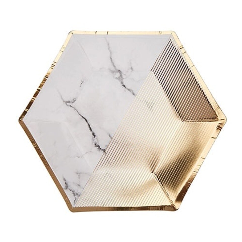 Gold Foil Marble Hexagon Shaped Foiled Paper Plates 20cm - Pack of 8