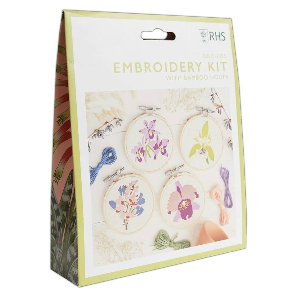 image 1 of RHS Embroidery Hoop Decoration Kit, Orchids, Multicoloured, 9cm