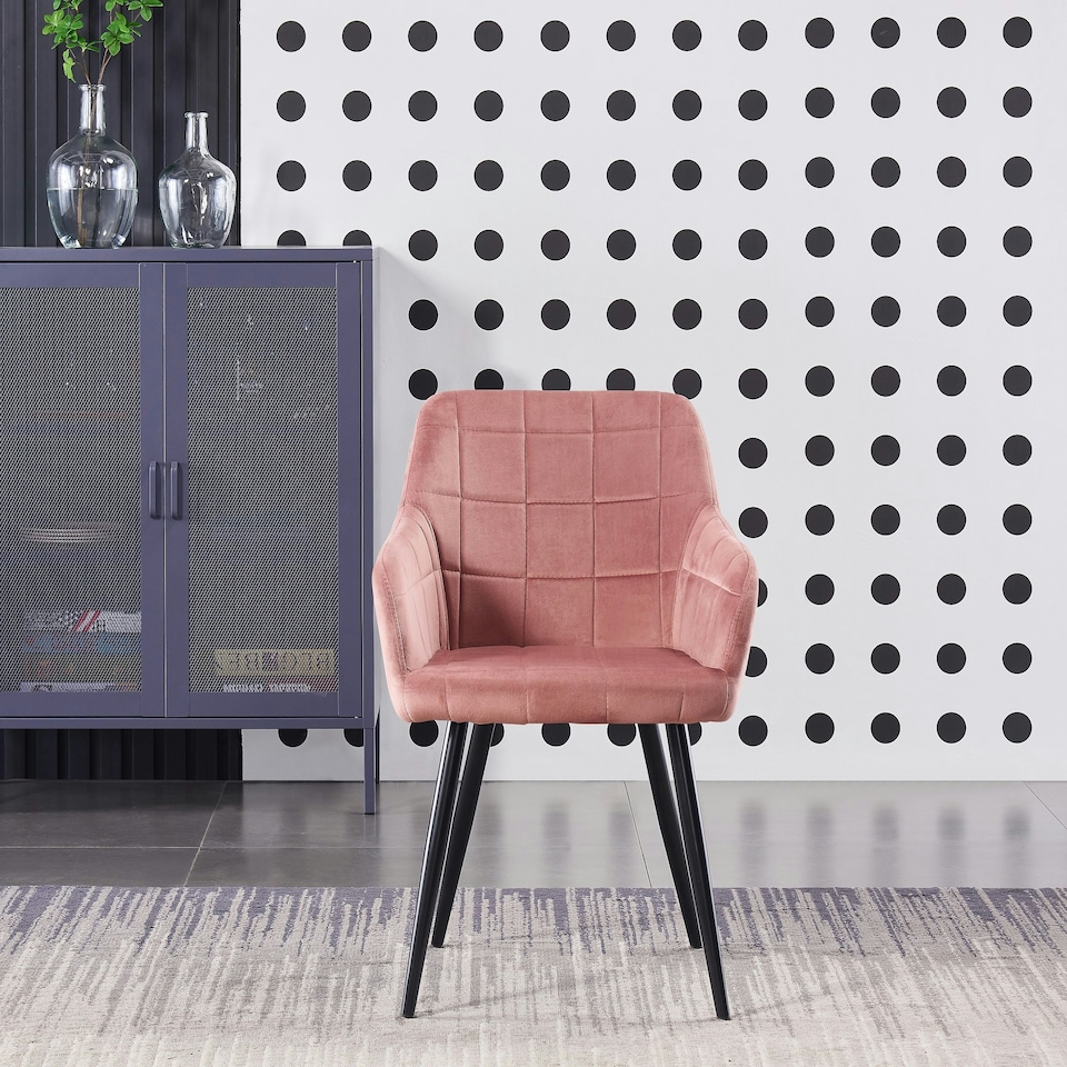 image 1 of Set of 4 Camden Modern Velvet Dining Chairs with Armrests, Quilted Design & Black Metal Legs Pink