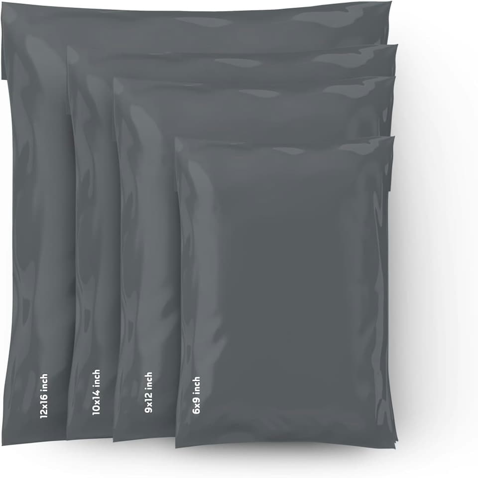 image 1 of Straame 100 Assorted Grey Postal Bags, Self-Seal, Flexible, Tear-Proof, 4 Sizes, 25 Each. Grey | DL