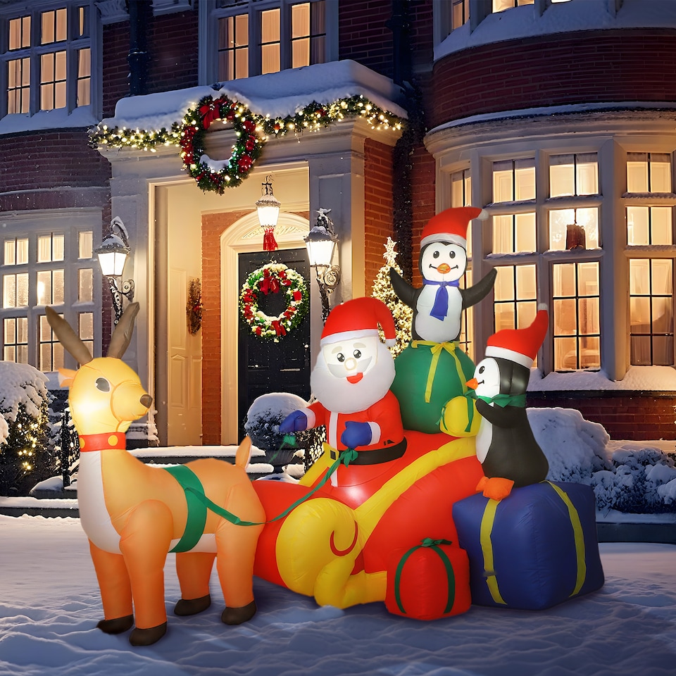 image 1 of Outsunny 6ft Christmas Inflatable Santa on Sleigh with Reindeer and Penguin, Outdoor Christmas Blow Up Decoration with Built-in LED Lights for Garden, Indoor Outdoor Home Decor