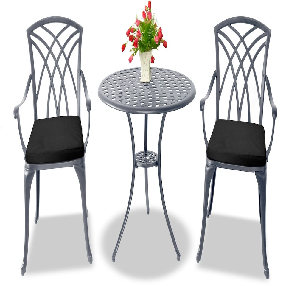 image 1 of Centurion Supports OSHOWA Luxurious Garden and Patio Table and 2 Large Chairs with Armrests Cast Aluminium Bistro Set - Grey with Black Cushions