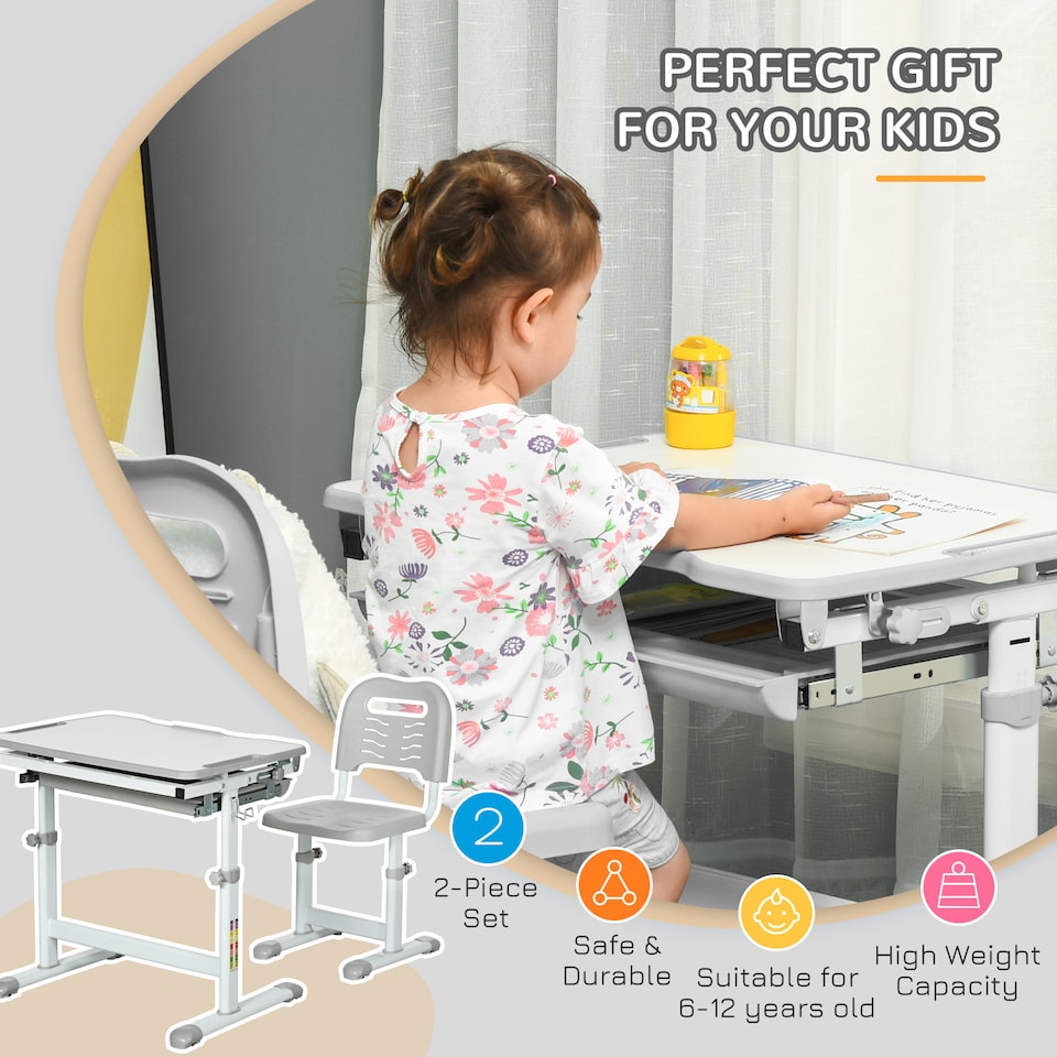 image 1 of HOMCOM Kids Desk and Chair Set Adjustable Tiltable with Drawer Pen Slot Hook | Grey