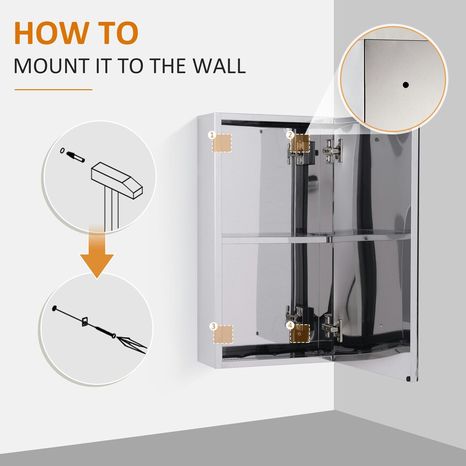 image 1 of HOMCOM Wall Mounted Bathroom Mirror Glass Storage Cabinet Stainless Steel
