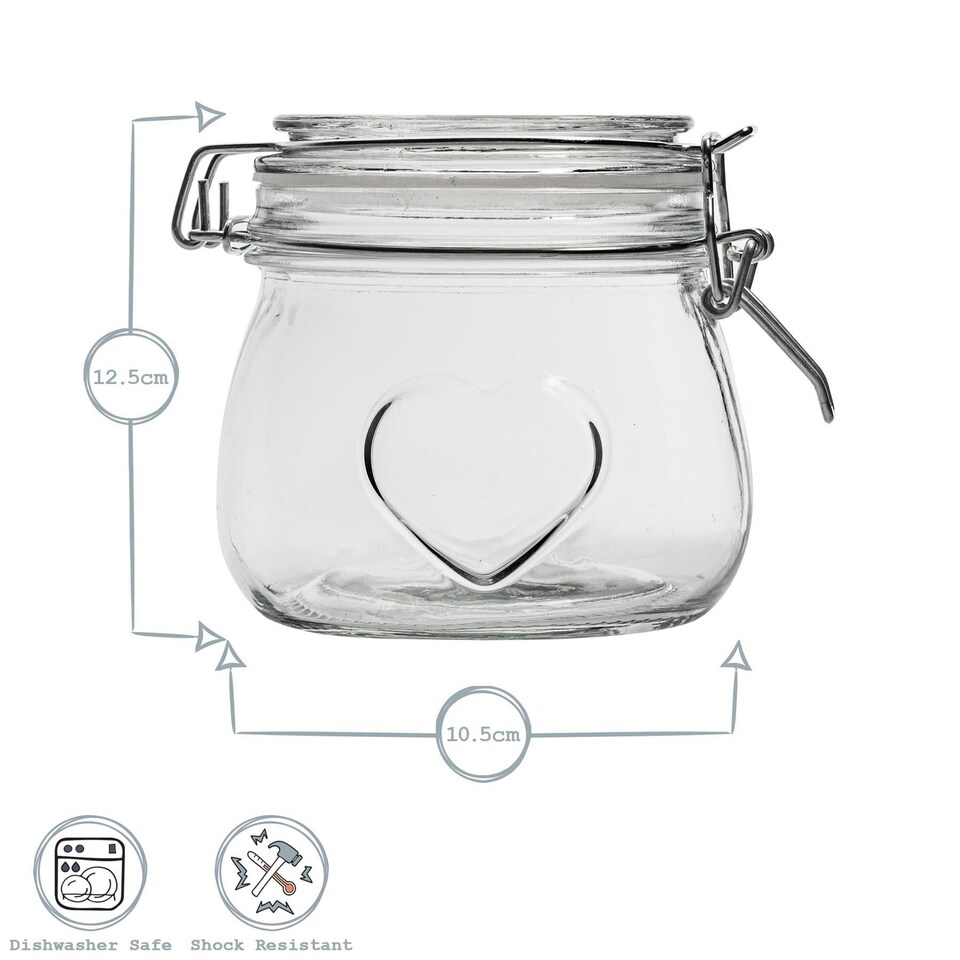 image 1 of Nicola Spring 6x Glass Storage Jars & Labels Set - 500ml Airtight Clip Lid Kitchen Round Preserving Container Heart Shaped Design