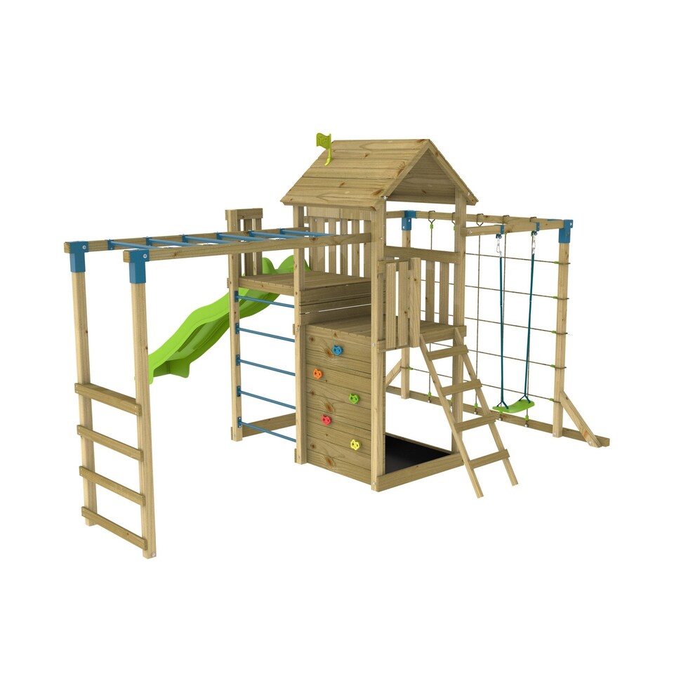 image 1 of TP Skywood Wooden Tower Climbing Frame with Super Wavy Slide, Sky Deck, Monkey Bars & Skyline with Rapide Swing Seat - FSC® certified