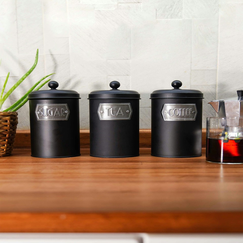 image 1 of Black Coffee, Tea, And Sugar Jar Set - 22 cm (H) x 11 cm (Dia)