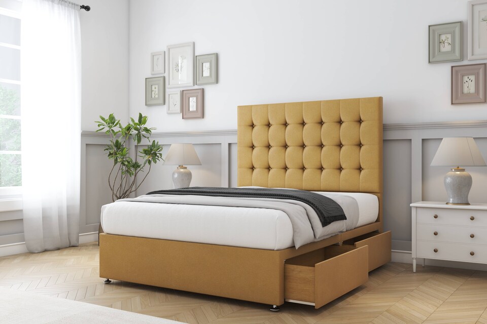 image 1 of Sloomy Alabama Mustard Plush Divan Bed Base 2 Drawers Same Side With 26 Inch Strutted Headboard | Gold | Mustard | Double | 1