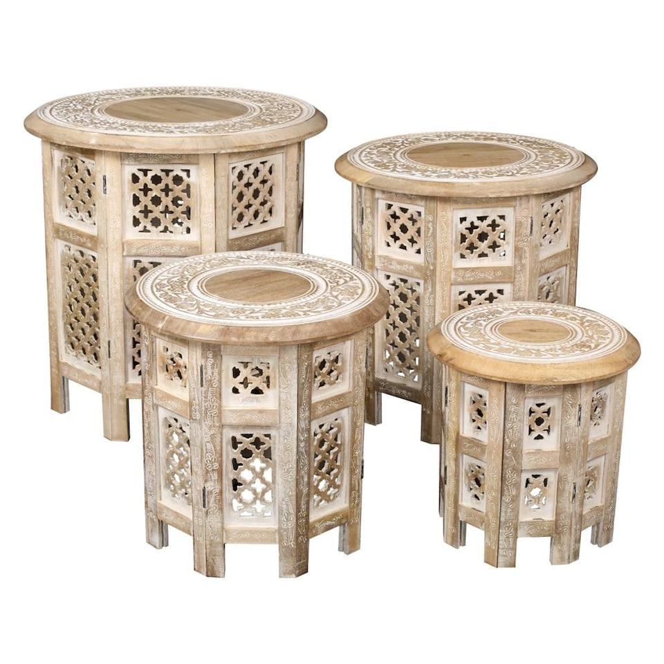 image 1 of Antique Effect Round Carved Wooden Bedside Lamp Table Side End Coffee Table Extra Large 54 x 54 x 54 cm | Yellow | Beige
