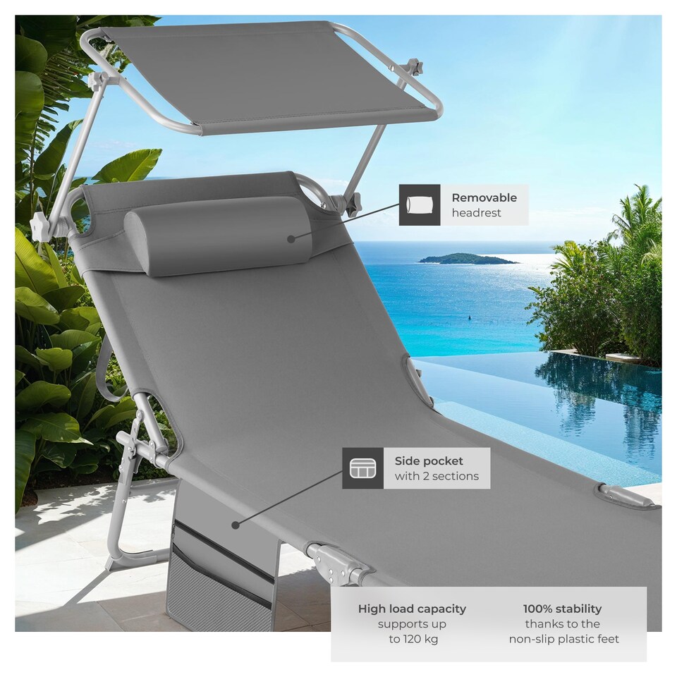 image 1 of Set of 2 Sun Loungers - foldable, adjustable sun canopy | Grey | grey | 1
