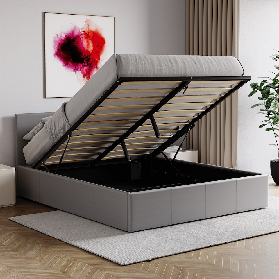 image 1 of Vida Designs Lisbon Double Ottoman Faux Leather Bed, Grey & Gel Memory Foam Pocket Spring Mattress, Double