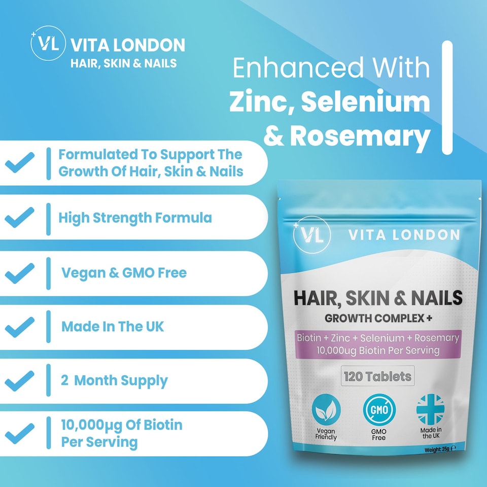 image 1 of Vita London Hair, Skin & Nails Growth Complex - 10,000µg Of Biotin - 120 Tablets
