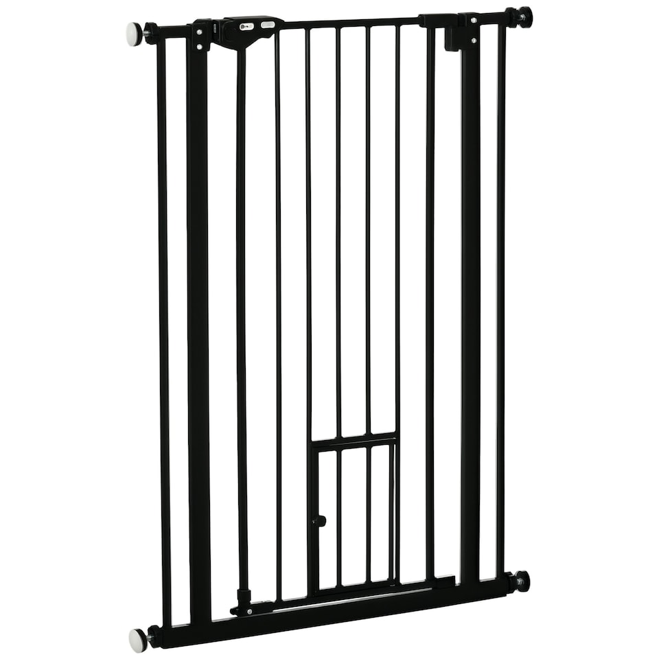 image 1 of PawHut Extra Tall Dog Gate with Cat Door Auto Close for Stairs 74-80 cm Wide
