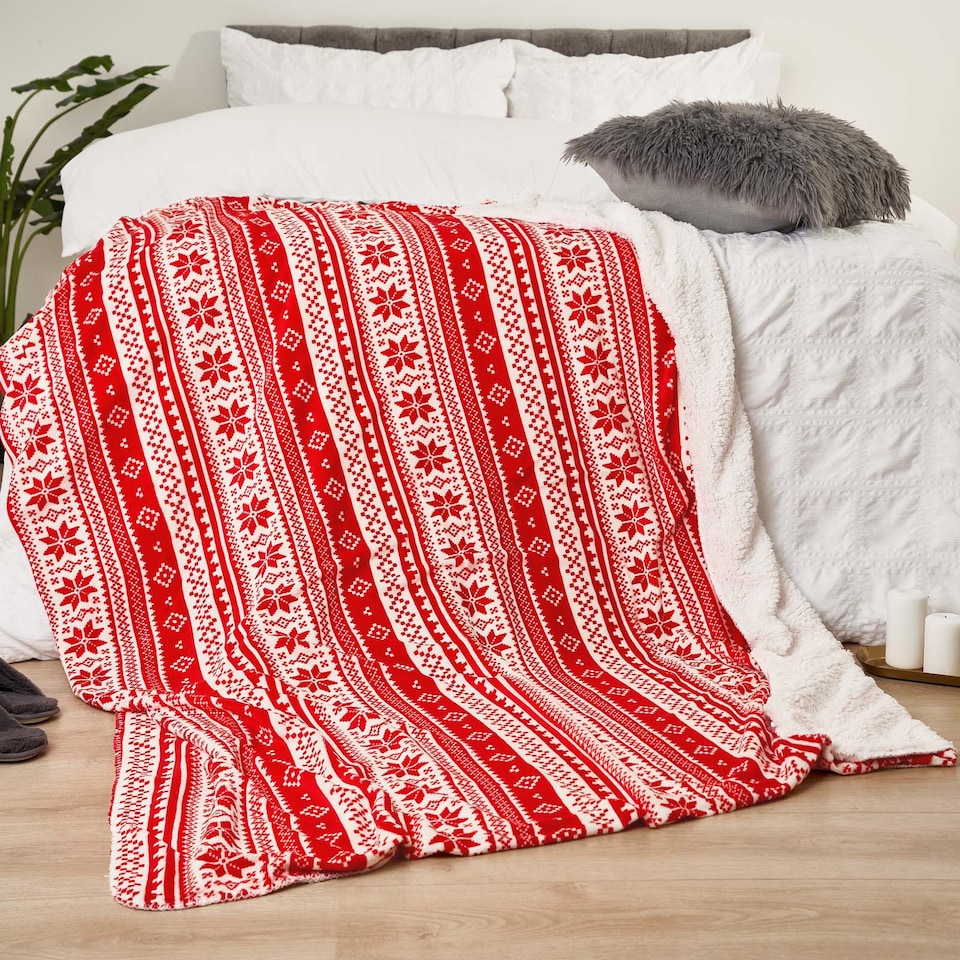 image 1 of OHS Sherpa Flannel Fleece Nordic Throw Flannel Winter Blanket | Red | L