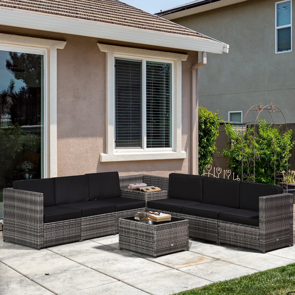 image 1 of Outsunny 8 Pieces Outdoor PE Rattan Sofa Set with Cushions, Patio Garden Furniture Sets with Glass Top Coffee Table, Storage Corner Table, Grey