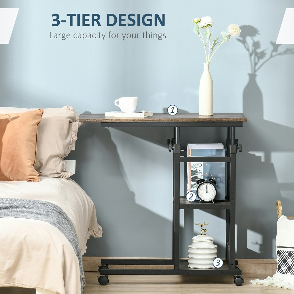 image 1 of HOMCOM C-Shaped Mobile Sofa Bed Side Table Adjust Height 3-Tier Cart w/ Brake