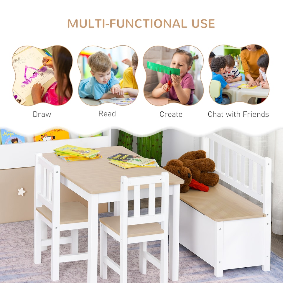 image 1 of HOMCOM 4-Piece Set Kids Wood Table Chair Bench w/ Storage Function for 3 Years+