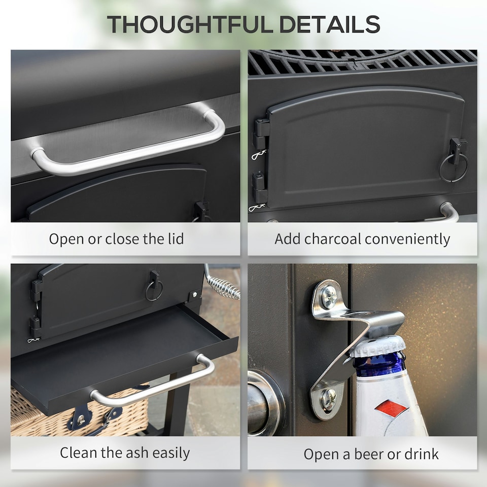 image 1 of Outsunny Charcoal Grill BBQ Trolley w/ Adjustable Charcoal Height & Thermometer
