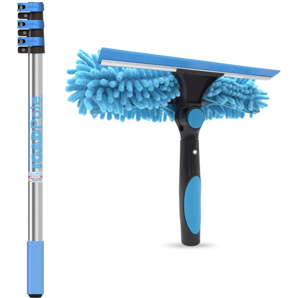 image 1 of 5ft Window Squeegee with Extension Pole, Window Cleaner Tool with 1-Stage Telescoping Pole, Window Cleaning Kit with 5ft Pole (1.3m) & Microfiber Cloths, 2 Blades Replacements & ACME Adapter