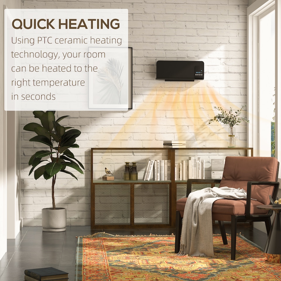 image 1 of HOMCOM Electric Heater, 2000W Wall Mounted Ceramic Space Heater with Remote Control, 2 Modes, Timer, Oscillation, Overheat Protection for Home, Black